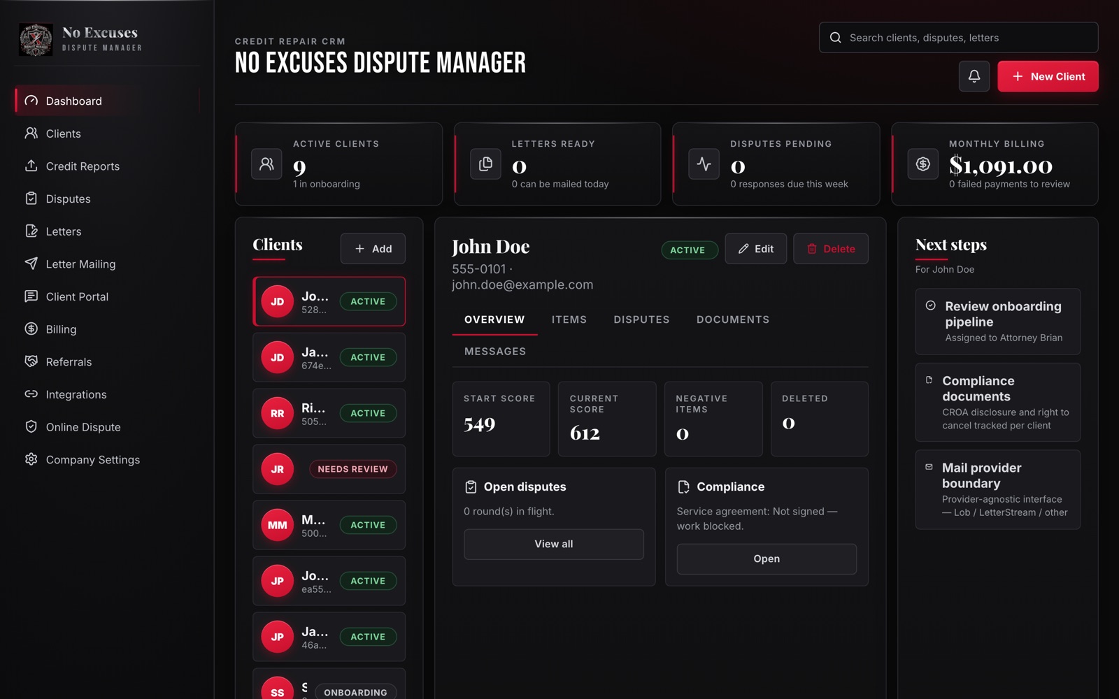Dispute Manager dashboard showing active clients, letters ready, pending disputes and monthly billing