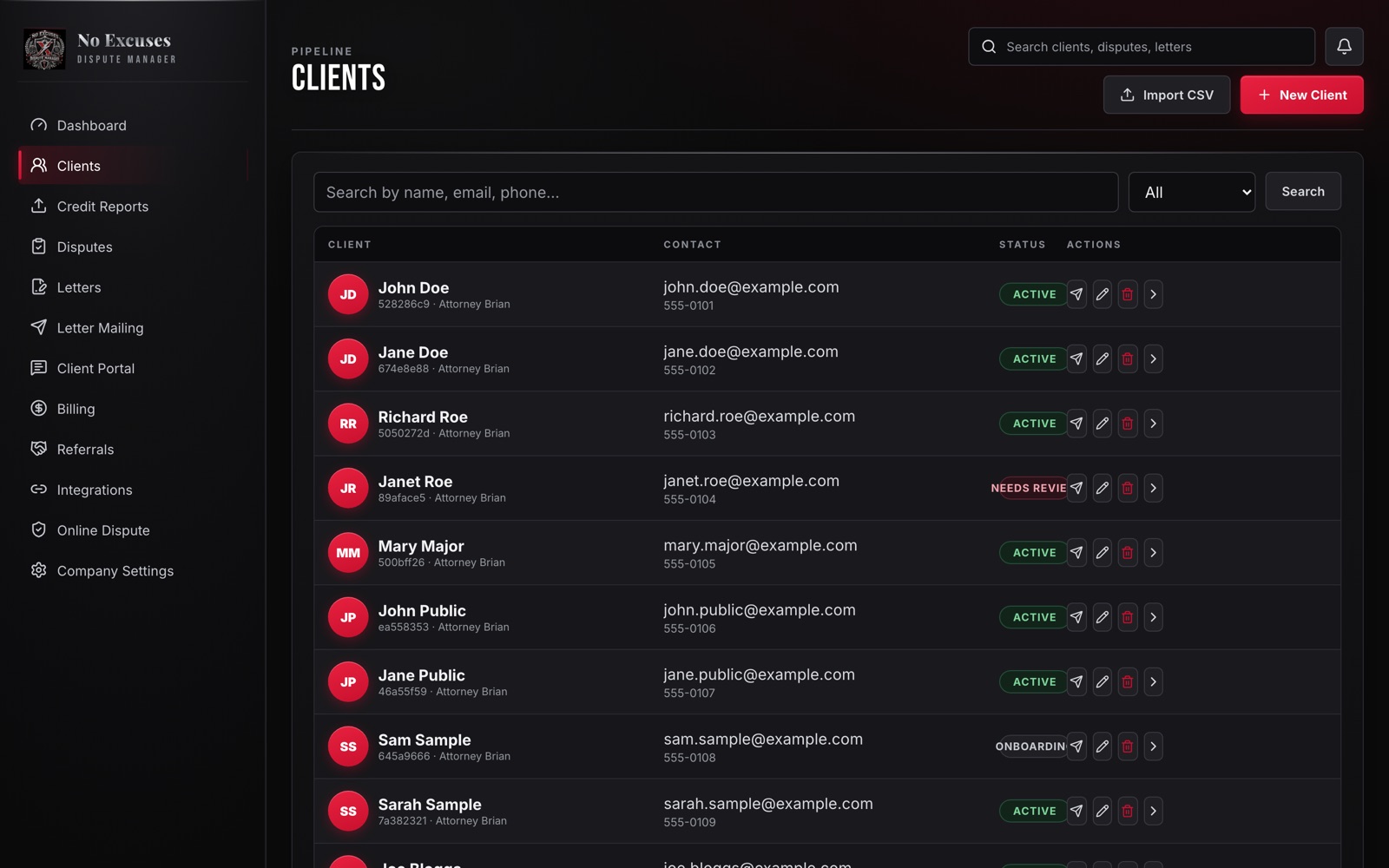 Dispute Manager client list with status chips and pipeline actions