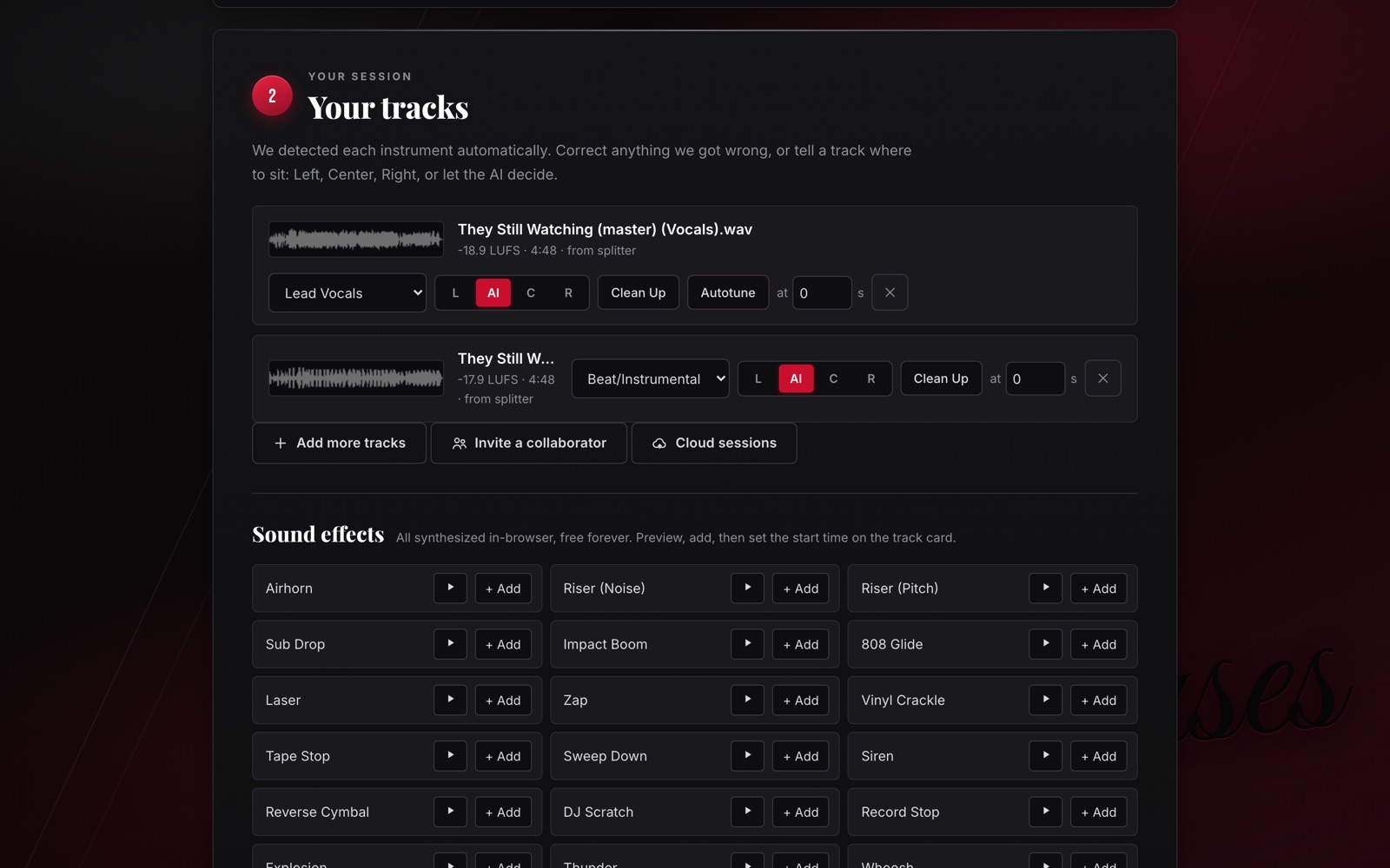 Motion Music Mixer session with split vocal and instrumental stems and waveforms